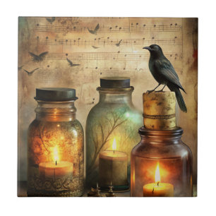 Candlelit Crow with Antique Bottles & Sheet Music Ceramic Tile