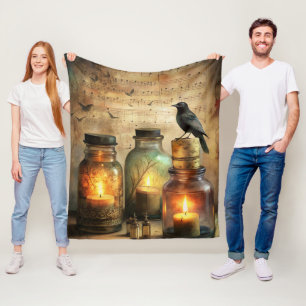 Candlelit Crow with Antique Bottles & Sheet Music Fleece Blanket