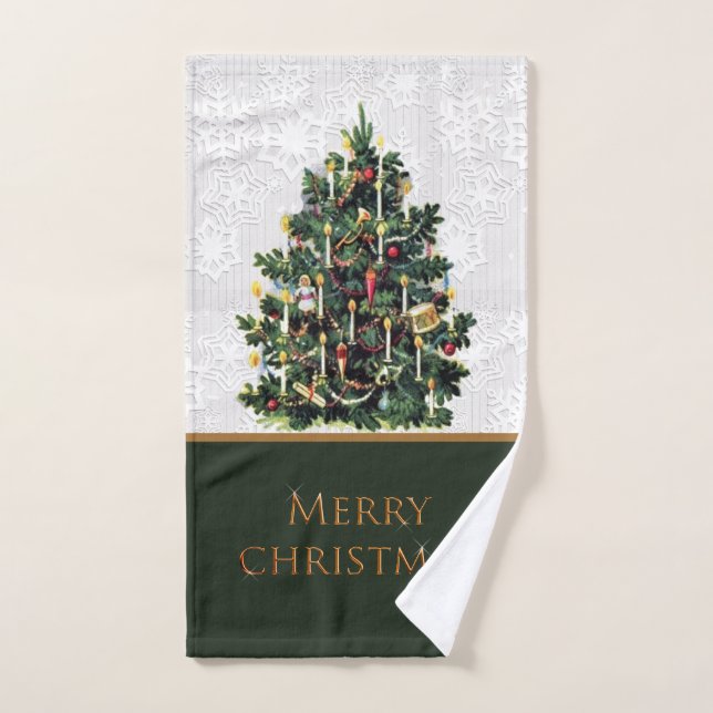 Candlelit Vintage Christmas Tree with Snowflakes Hand Towel (Hand Towel)