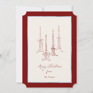 Candles and Bows Hand Drawn Burgundy Blue Photo Holiday Card