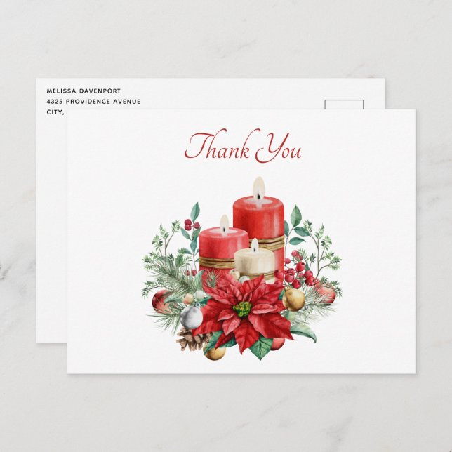 Candles and Floral Bouquet Christmas Thank You Postcard (Front/Back)