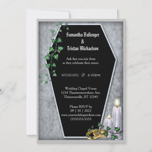 Candles and Ivy Coffin Shaped Modern Goth Wedding Invitation (Front)