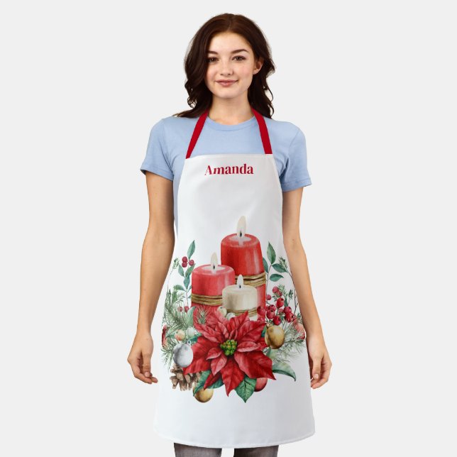 Candles and Poinsettia Bouquet Christmas Apron (Worn)
