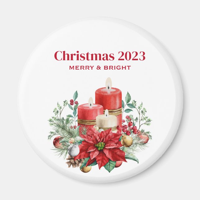 Candles and Poinsettia Bouquet Christmas Magnet (Front)