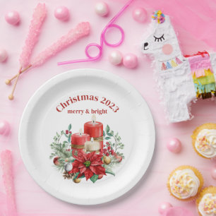 Candles and Poinsettia Bouquet Christmas Paper Plate