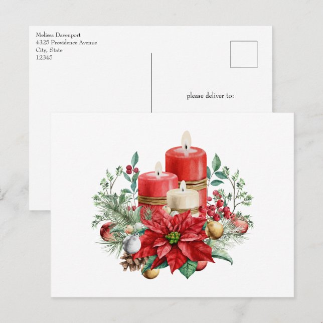 Candles and Poinsettia Bouquet Christmas Postcard (Front/Back)