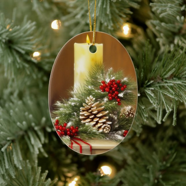 Candles berries and pine cones Christmas Ceramic Ornament (Tree)
