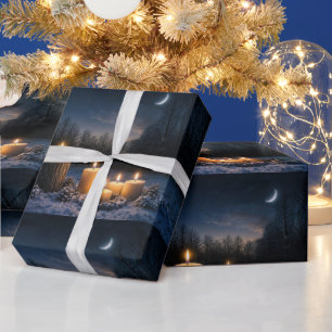 Candles in the Snow with a Crescent Moon Yule Wrapping Paper