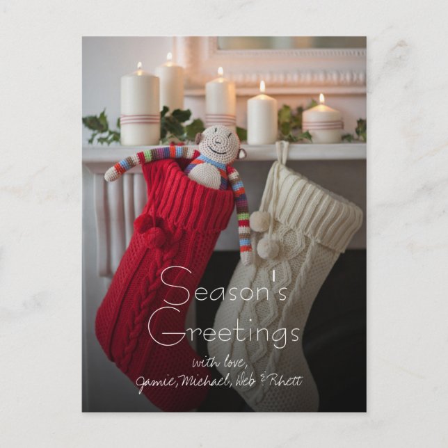 Candles lit on mantelpiece with Christmas Holiday Postcard (Front)