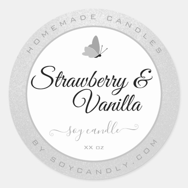 Candles Packaging Clean Silver Grey Cute Butterfly Classic Round Sticker (Front)