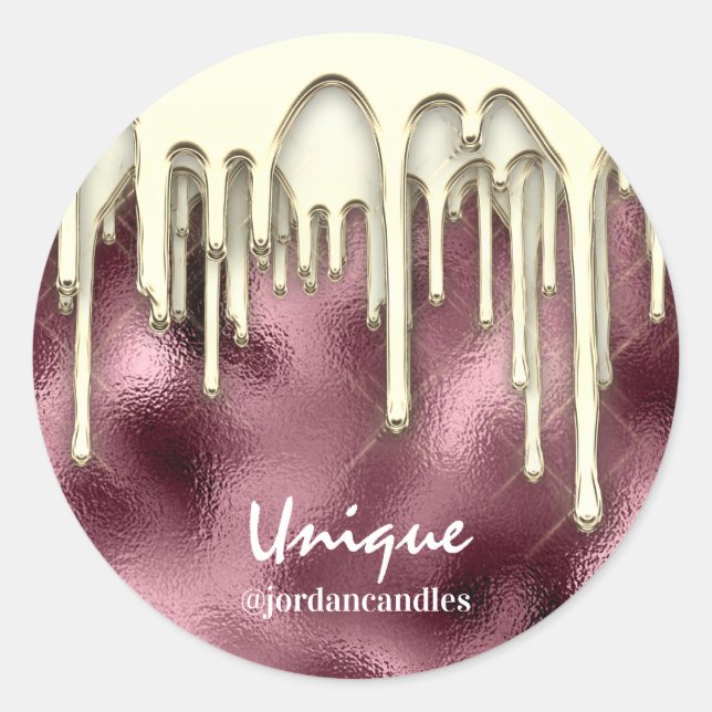 Candles Small BusIness Name Gold Drips Burgundy Classic Round Sticker (Front)