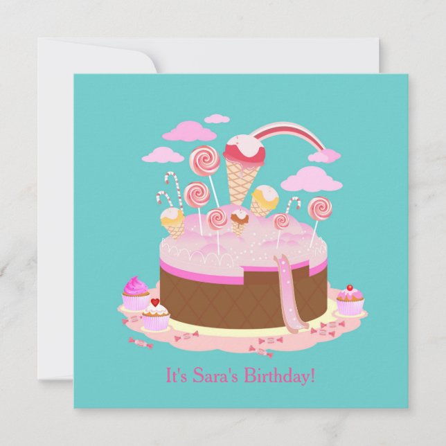 Candy and chocolate cake birthday party invitation (Front)
