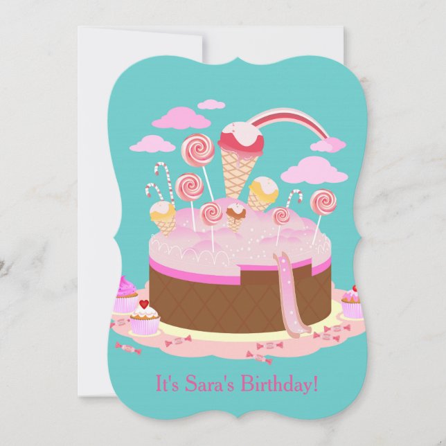 Candy and chocolate cake birthday party invitation (Front)