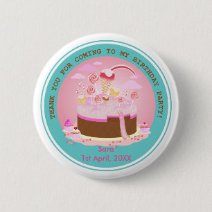 Candy and chocolate cake for birthday party 6 cm round badge