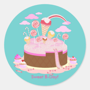 Candy and chocolate cake for birthday party classic round sticker
