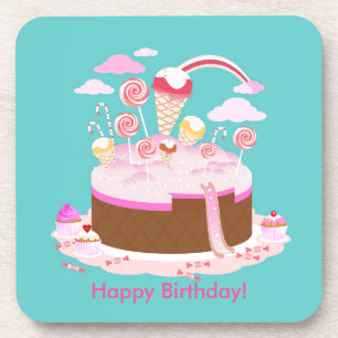 Candy and chocolate cake for birthday party coaster