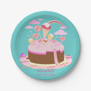 Candy and chocolate cake for birthday party paper plate