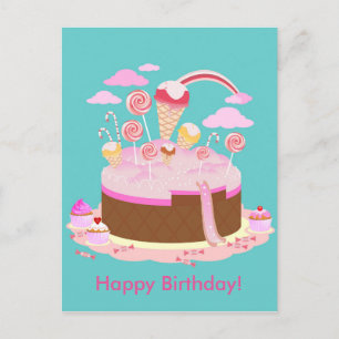 Candy and chocolate cake for birthday party postcard