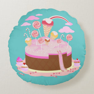 Candy and chocolate cake for birthday party round cushion