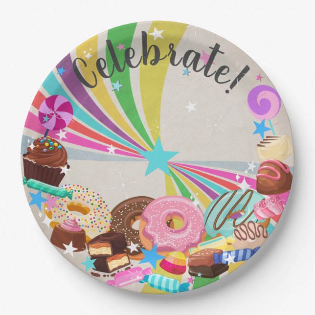 Candy and Rainbow Swirl party Paper Plate (Front)