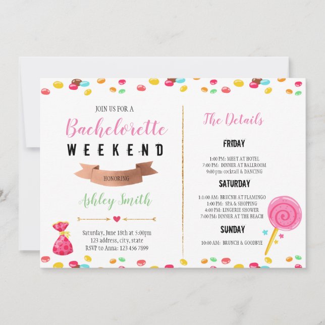 Candy bachelorette Itinerary invitation (Front)