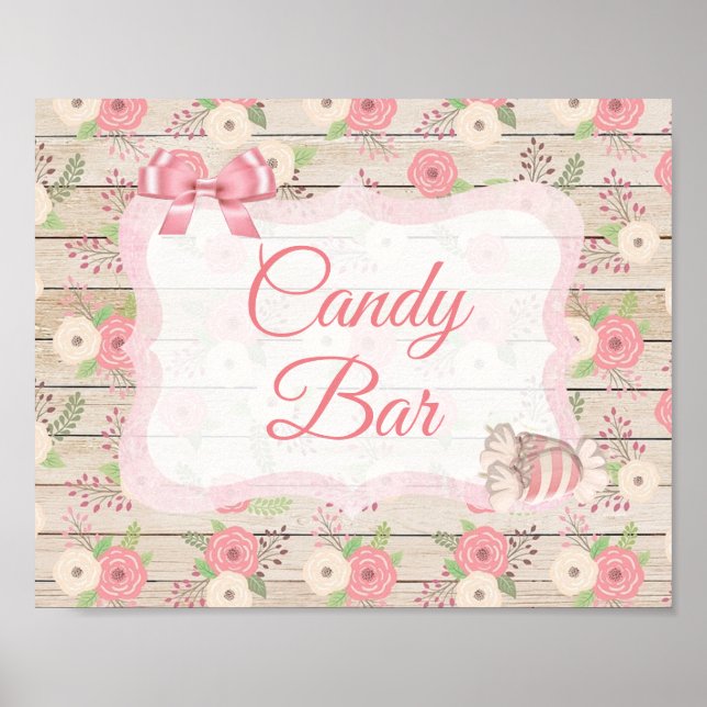 Candy Bar Sign Pink Rustic Wood Floral Poster (Front)
