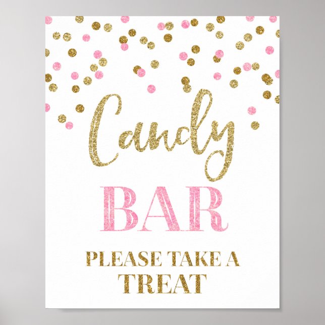 Candy Bar Wedding Sign Gold Pink Confetti (Front)