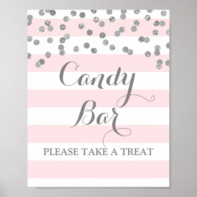 Candy Bar Wedding Sign Pink Stripes Silver (Front)