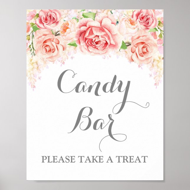 Candy Bar Wedding Sign Pink Watercolor Floral (Front)