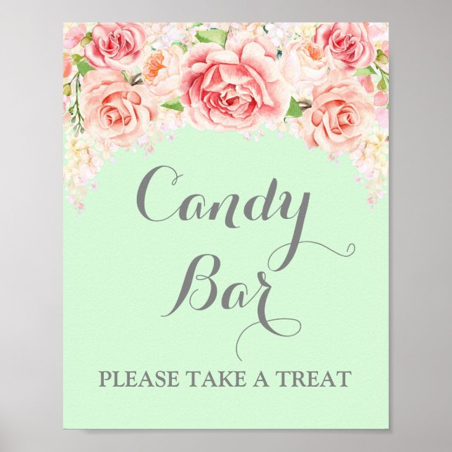 Candy Bar Wedding Sign Pink Watercolor Floral Mint (Front)