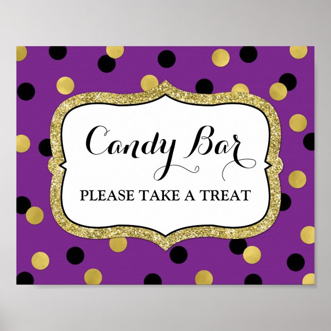 Candy Bar Wedding Sign Purple Black Gold Confetti (Front)