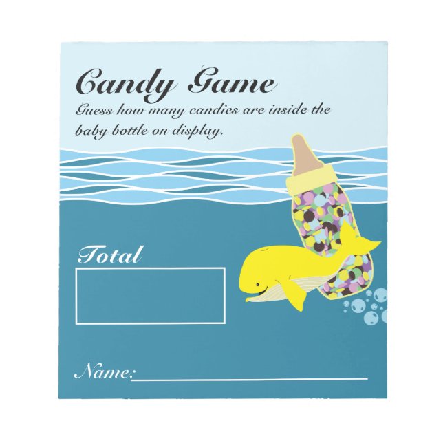Candy Bottle Guessing Game, M&M, Whale Baby Shower Notepad (Front)