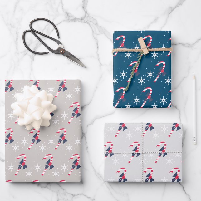 Candy Cane and Berry Snowflakes Christmas Pattern Wrapping Paper Sheet (Front)