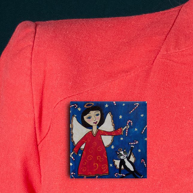 Candy Cane Angel Cat Folk Art Christmas 15 Cm Square Badge (Angel in red dress floating in sky with angel cat and candy canes on Christmas pin back button.)