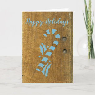 Candy Cane Antique Faux Wood Blue Holiday Card