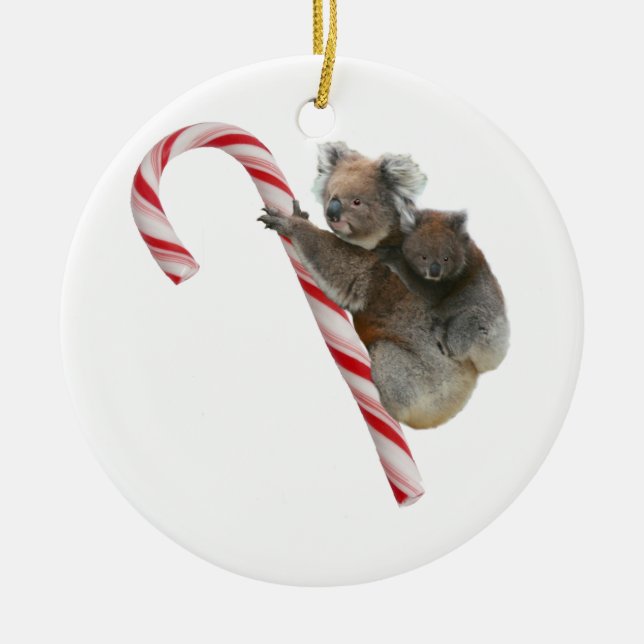 Candy Cane Australian Koala Bears Ceramic Tree Decoration (Front)