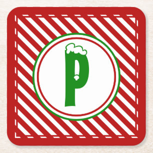 Candy Cane Basics Red/White Monogram Square Paper Coaster