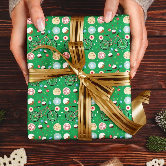 Candy Cane Bicycle with Christmas Treats Green Wrapping Paper (Creator Uploaded)