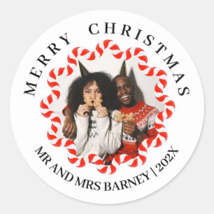 Candy Cane Border Christmas Photo Holiday Classic Round Sticker