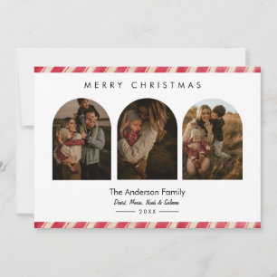 Candy Cane Border Modern 3 Arch Photo Holiday Card