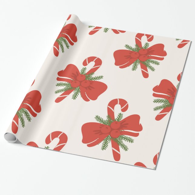 Candy Cane & Bow Cream Ivory Holiday Christmas Wrapping Paper (Unrolled)