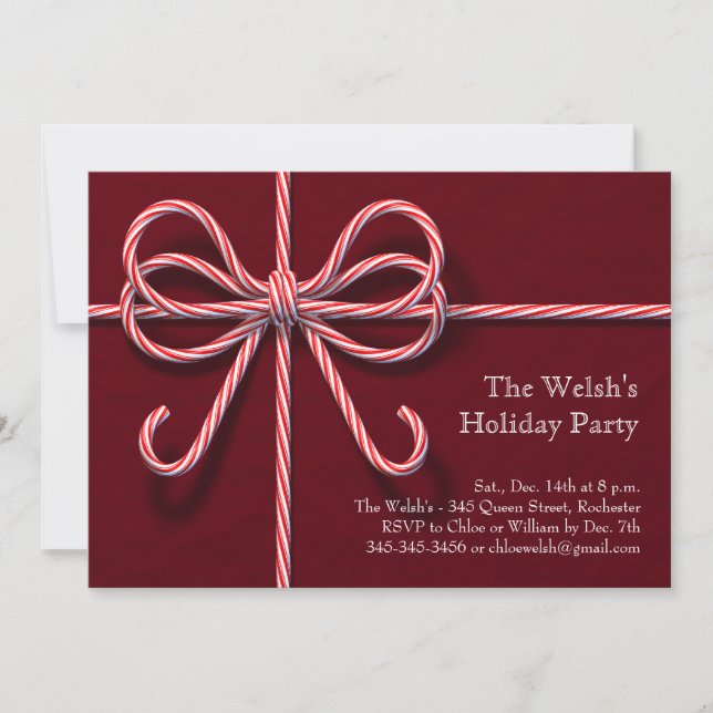 Candy Cane Bow Holiday Party Invitation (Front)