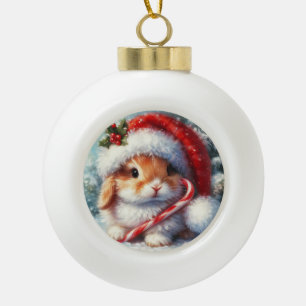 Candy Cane Bunny Rabbit Ceramic Ball Christmas Ornament