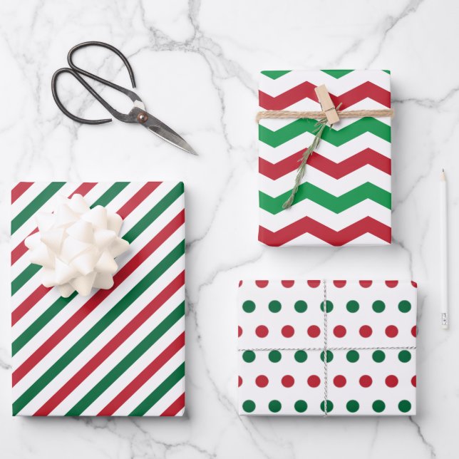 Candy Cane Chevron Stripes & Polka Dots Pattern Wrapping Paper Sheet (Front)