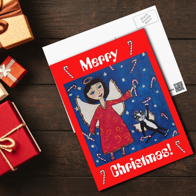 Candy Cane Christmas Angel and Cat Postcard (Flying angel red dress angel cat with candy canes on dark blue and red Merry Christmas postcard.)