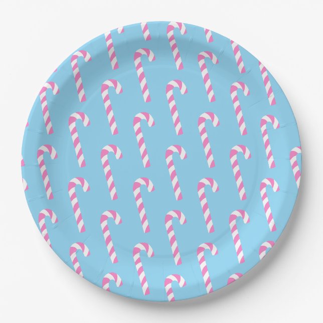 Candy Cane Christmas Blue Paper Plate (Front)
