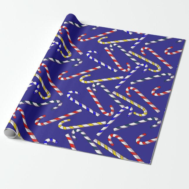 Candy Cane Christmas Blue Wrapping Paper (Unrolled)
