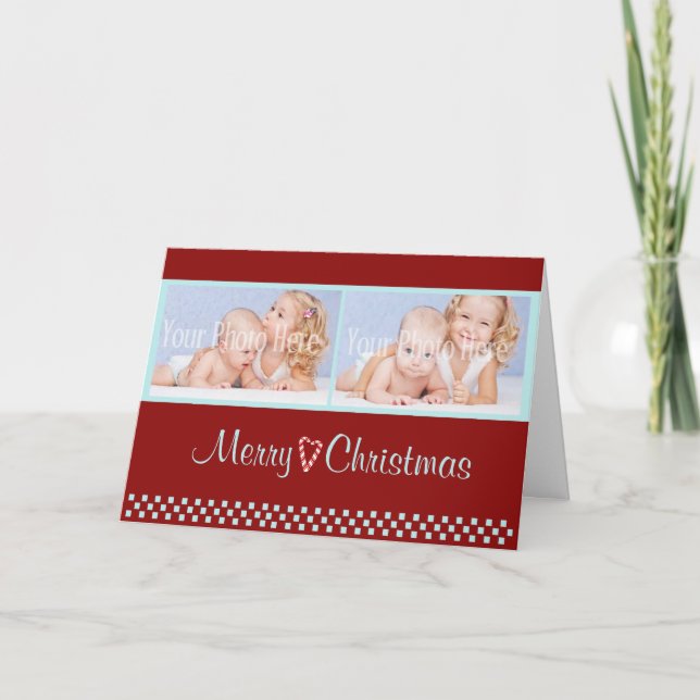 Candy Cane Christmas Double Photo Red Holiday Card (Front)