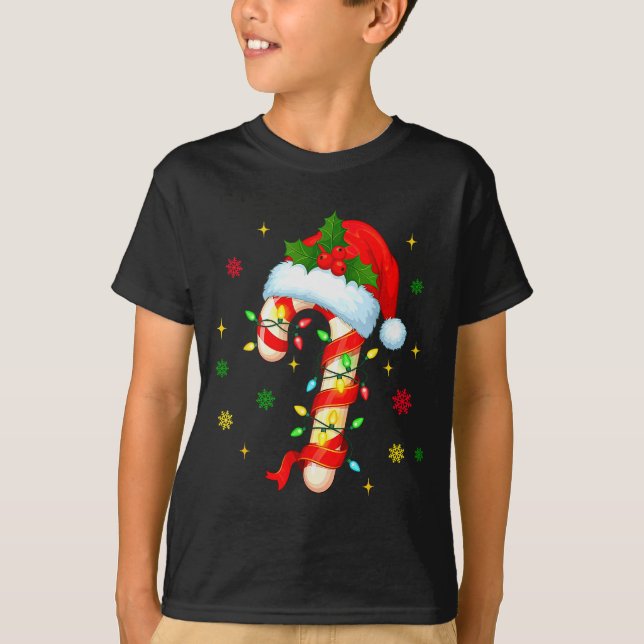 Candy Cane Christmas Lights Santa Hat Xmas Crew Wo T-Shirt (Front)