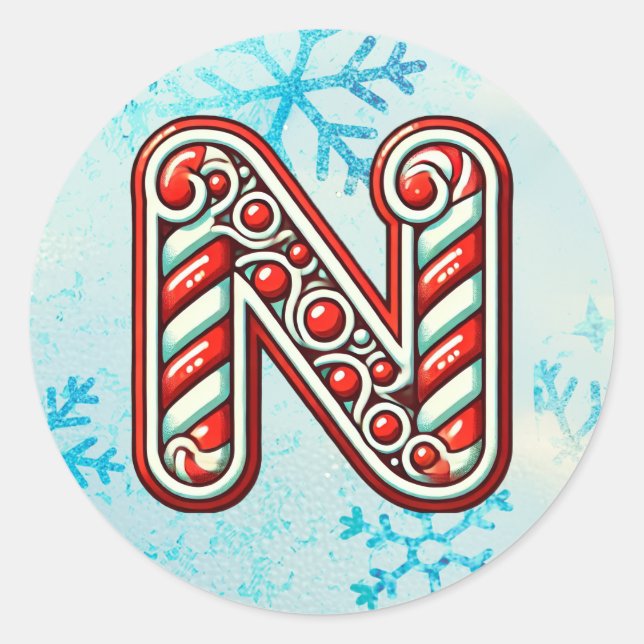 Candy Cane Christmas "N" Sticker, Festive Stripes Classic Round Sticker (Front)